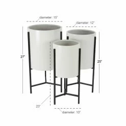 Best Pirce 😉 Novelty DecMode Modern Iron White And Black Drum Planters With Stand - Set Of 3 🎁 -Garden Planters & Plant Pots Sales Shop detail7UMA10136