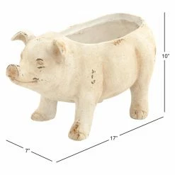 Budget 🔔 Novelty DecMode Polystone Smiling Pig Flowerpot In Antique Ivory ❤️ -Garden Planters & Plant Pots Sales Shop detail7UMA5528