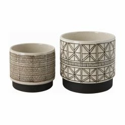 Cheapest 😍 Planter Pots 3R Studios White Stoneware Planters With Black Designs - Set Of 2 🎁