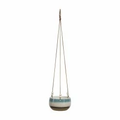 Deals 🌟 3R Studios Striped Stoneware Hanging Planter With Cotton Rope And Wood Beads ✨