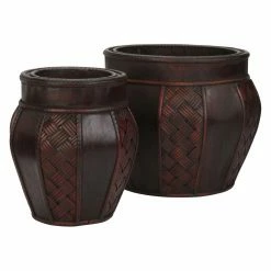 Wholesale 😉 Novelty Nearly Natural Wood And Weave Panel Decorative Planters - Set Of 2 👏