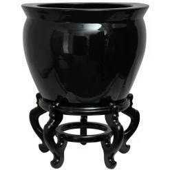 Cheap 👍 Novelty Oriental Furniture Solid Black Porcelain Fishbowl Planter 🧨