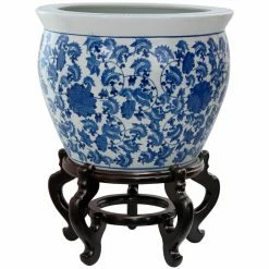 Brand new ⌛ Novelty Oriental Furniture Blue & White Floral Porcelain Fishbowl Planter 💯