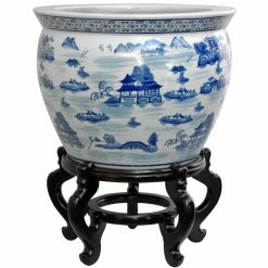Promo 🔔 Novelty Oriental Furniture Blue & White Landscape Porcelain Fishbowl Planter 💯