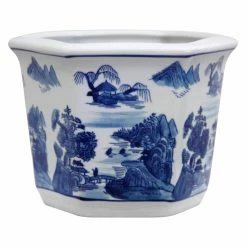 Best deal 🎉 Novelty Oriental Furniture Blue & White Landscape Porcelain Flower Pot ⌛