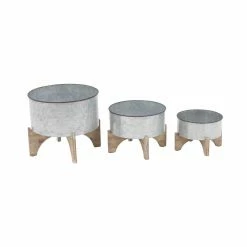 Best Sale π Novelty DecMode Farmhouse Round Iron Planters With Wooden Stands - Set Of 3 π₯