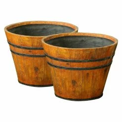 Cheap 🔔 LuxenHome Wood Finished Barrel Planter - Set Of 2 🤩